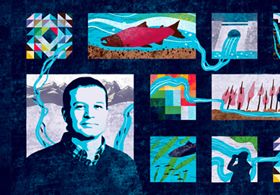 Illustration showing a patchwork quilt design that includes a man's portrait, salmon and flowing water.