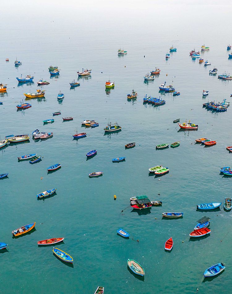 Colorful fishing boats sitting on still blue water.