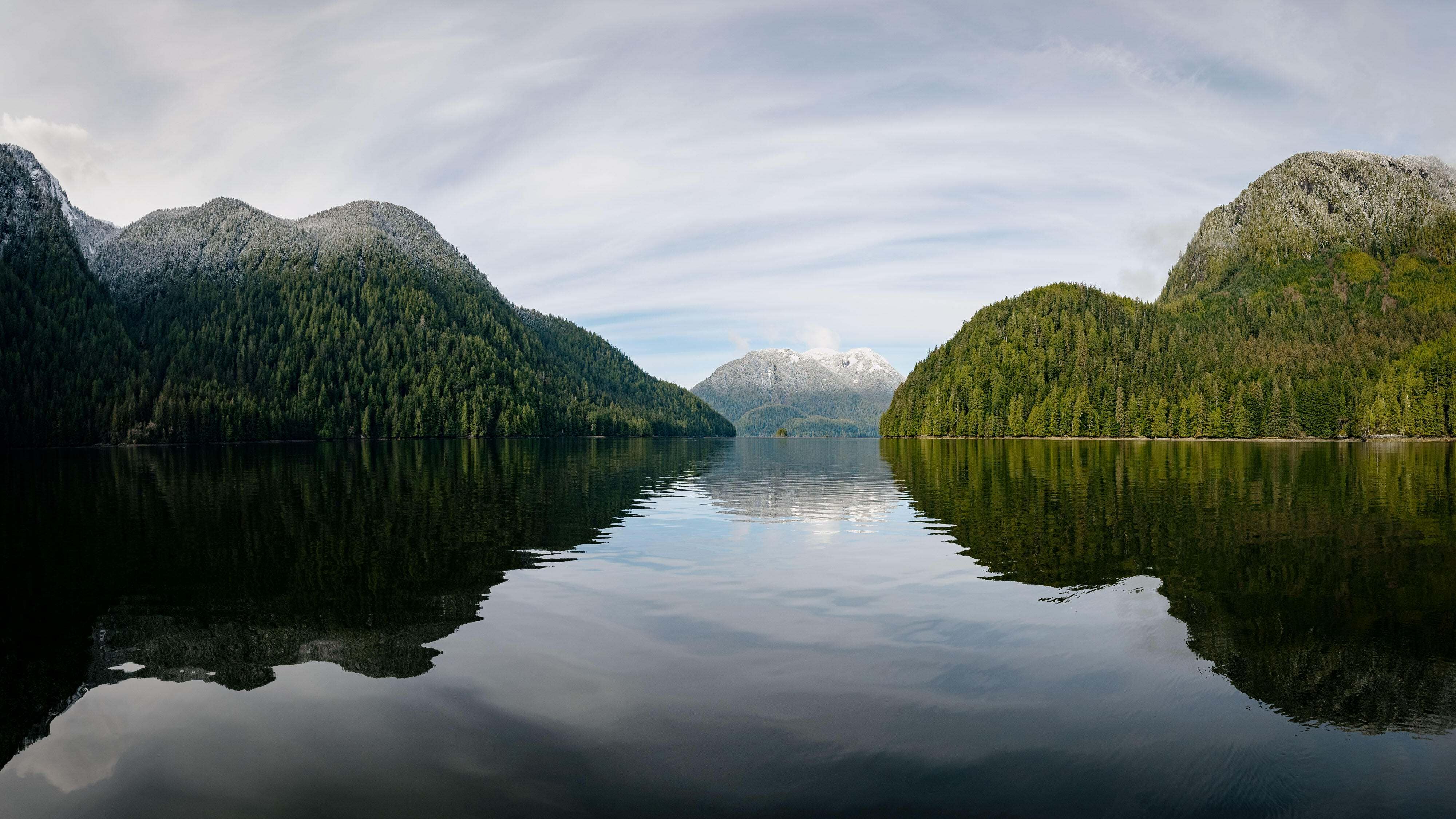 Mountains meet the sea on a fjord west of the town of Bella Coola, on the central coast of British Columbia, Canada.