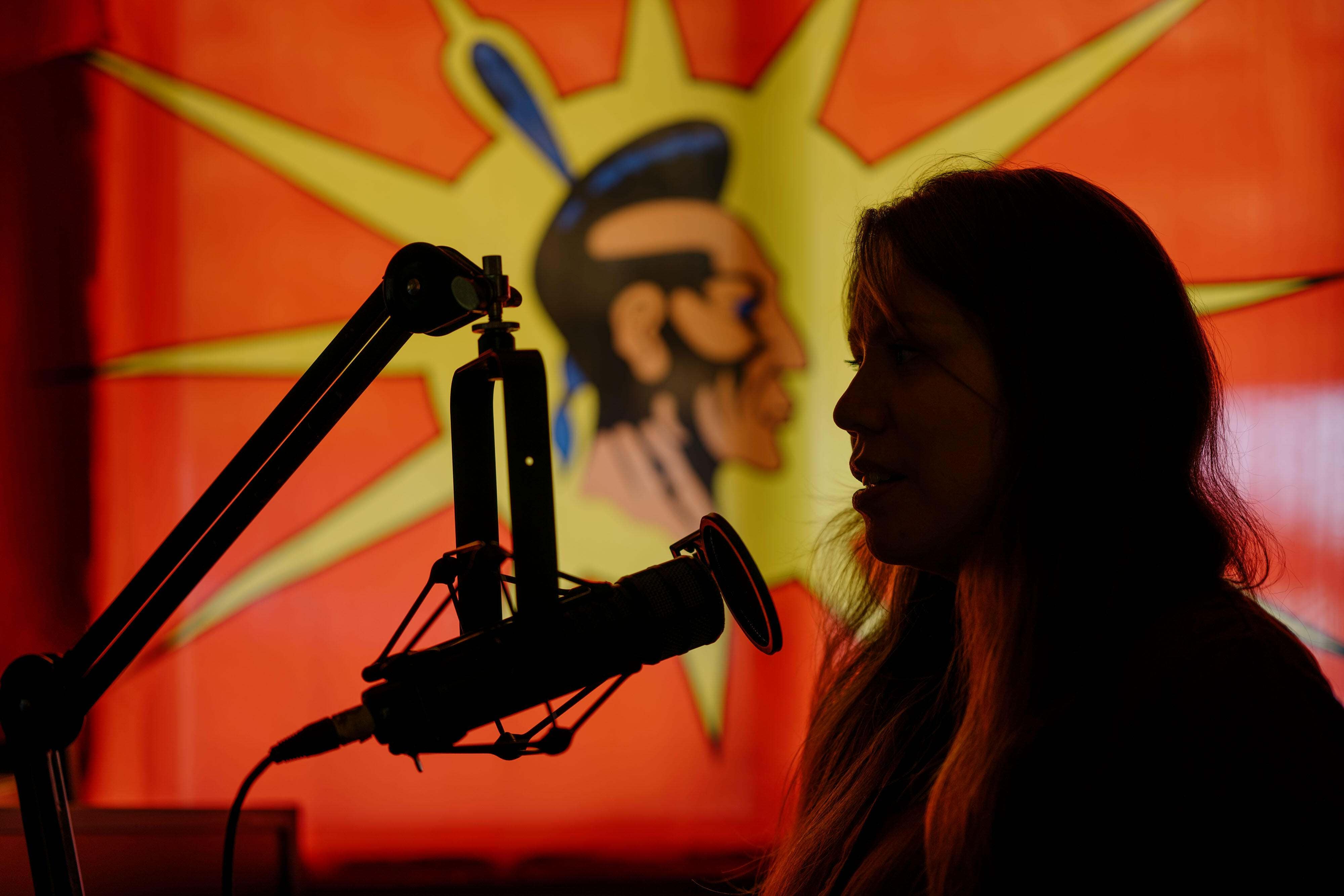 Portrait of Evangeline Hanuse, at Nuxalk Radio in the town of Bella Coola, on the central coast of British Columbia, Canada.