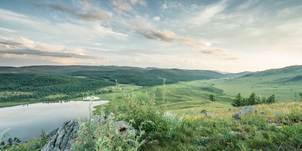 Aerial view of a valley from a mountaintop.